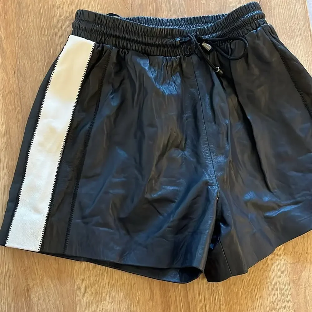 Jonathan Simkhai Leather Shorts w/ Stipe Size XS Black White Pull-On NWOT - Picture 3 of 8